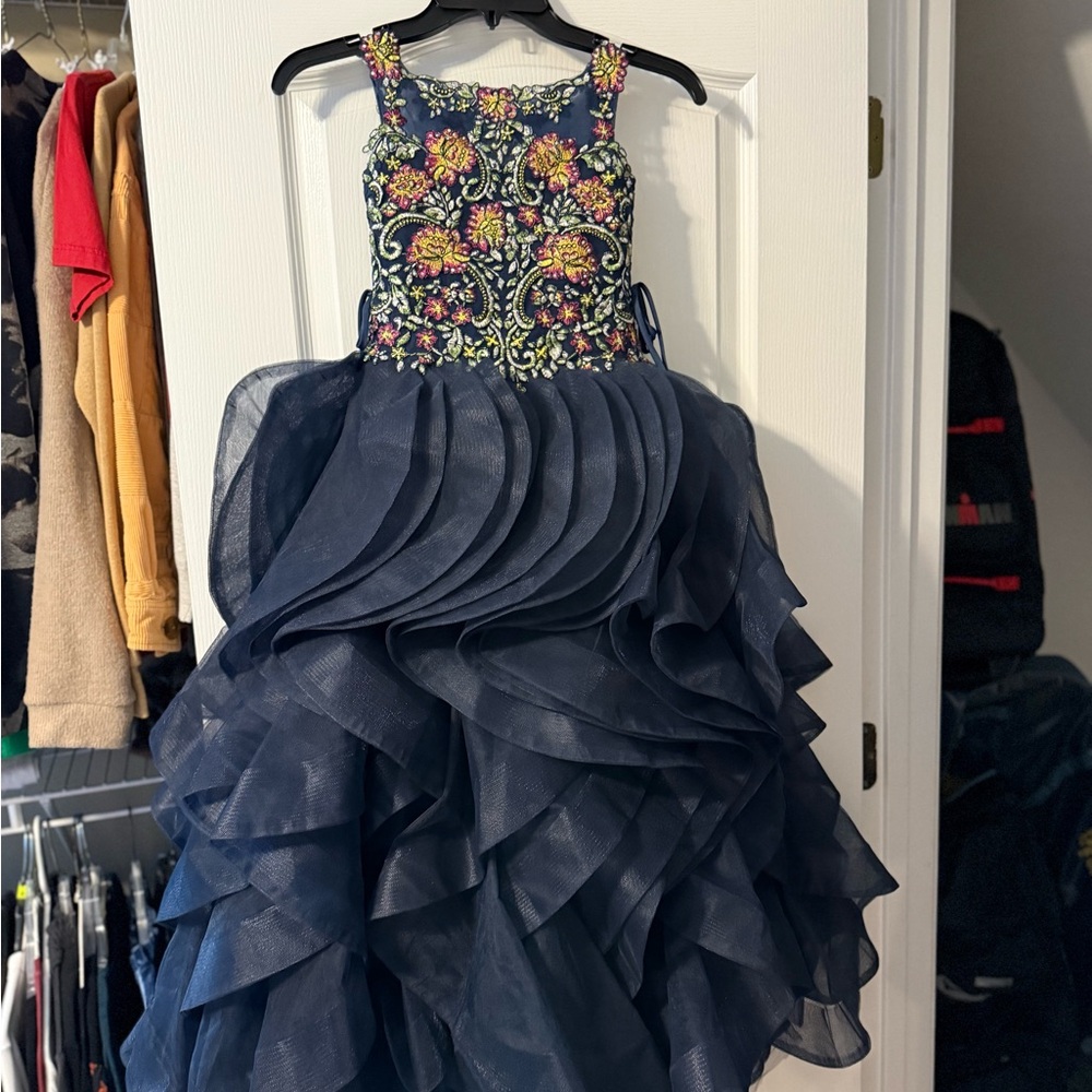 Floral Embroidered PAGEANT DRESS Navy Kids Dress